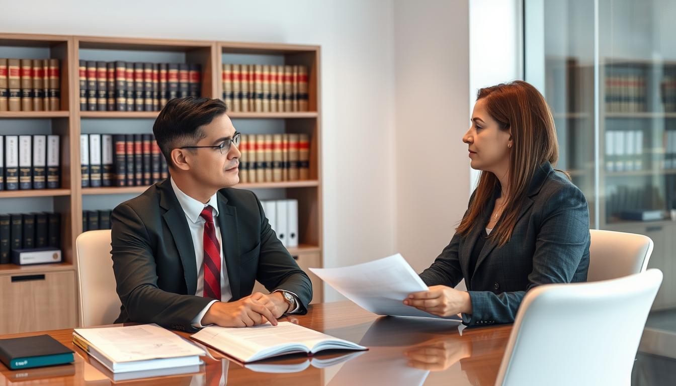 Advogado criminalista conversando com cliente em consulta preventiva