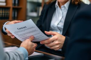 Advogado explicando contrato de honorários ao cliente