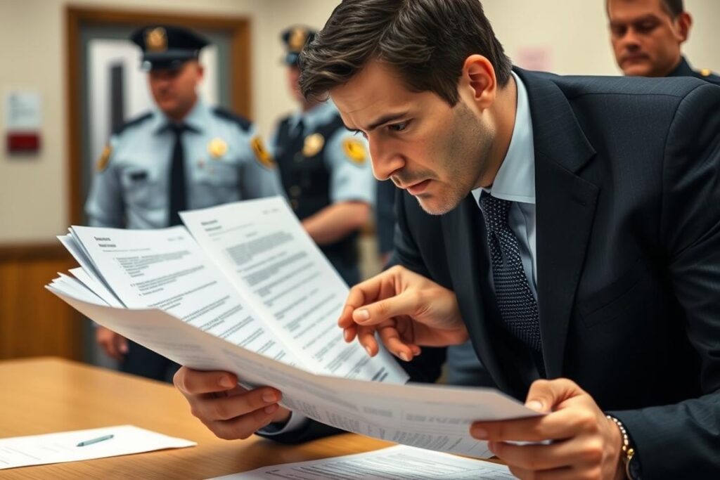 Advogado criminalista verificando documentos em procedimento policial