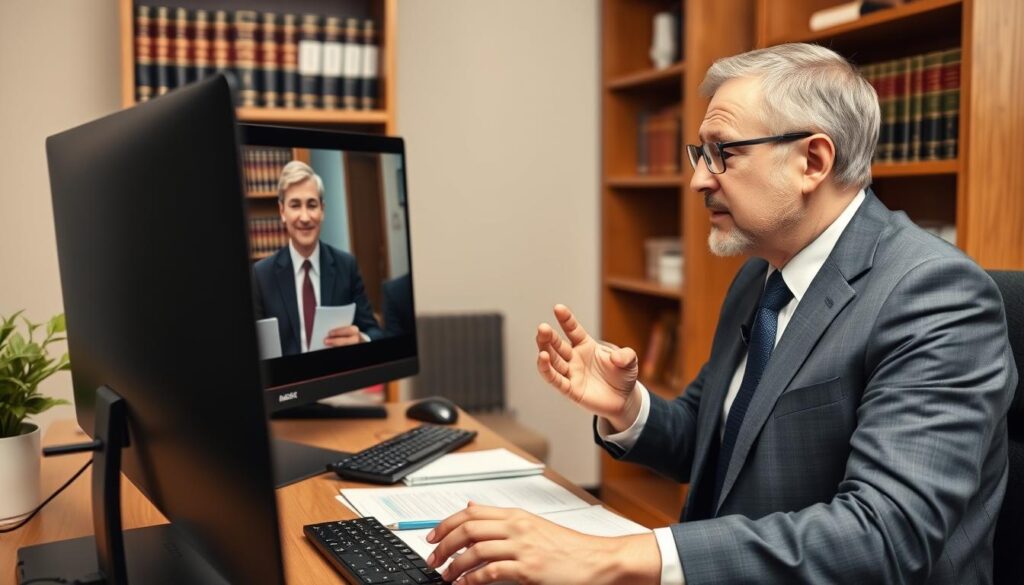 Advogado realizando consulta online com cliente via videoconferência Advogado realizando consulta online com cliente via videoconferência