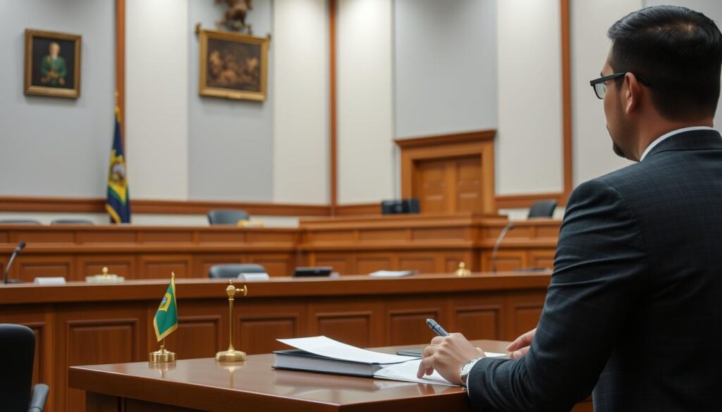 Audiência trabalhista em tribunal do Rio de Janeiro com advogado e cliente Audiência trabalhista em tribunal do Rio de Janeiro com advogado e cliente