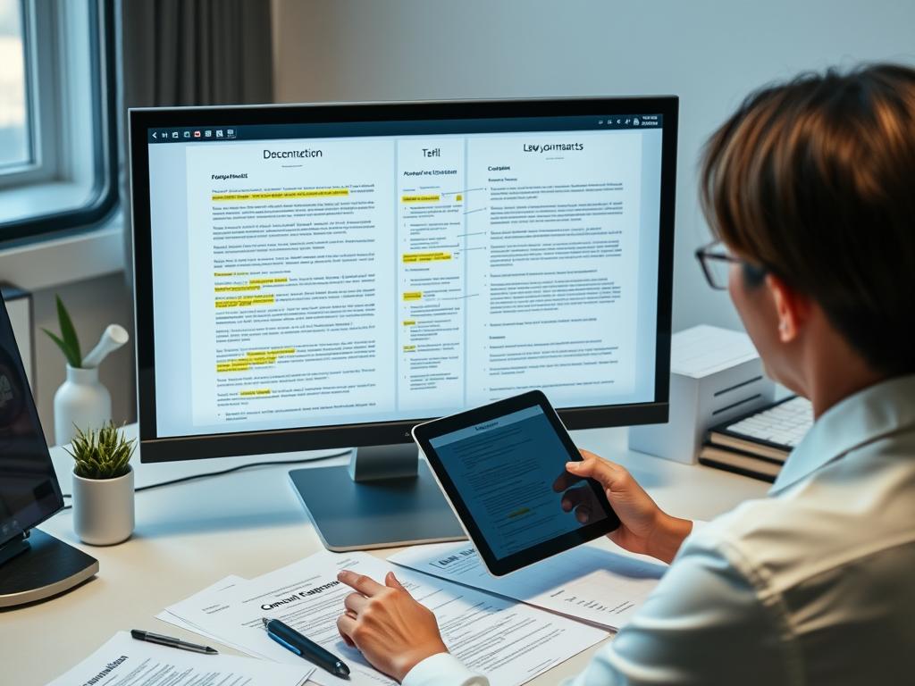 Documentos jurídicos sendo analisados digitalmente por advogado Documentos jurídicos sendo analisados digitalmente por advogado