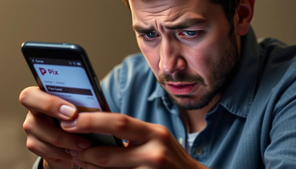 Pessoa preocupada olhando para o celular após cair em golpe do pix como reverter Pessoa preocupada olhando para o celular após cair em golpe do pix como reverter