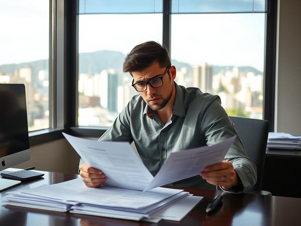 Trabalhador preocupado consultando documentos trabalhistas no Rio de Janeiro Trabalhador preocupado consultando documentos trabalhistas no Rio de Janeiro