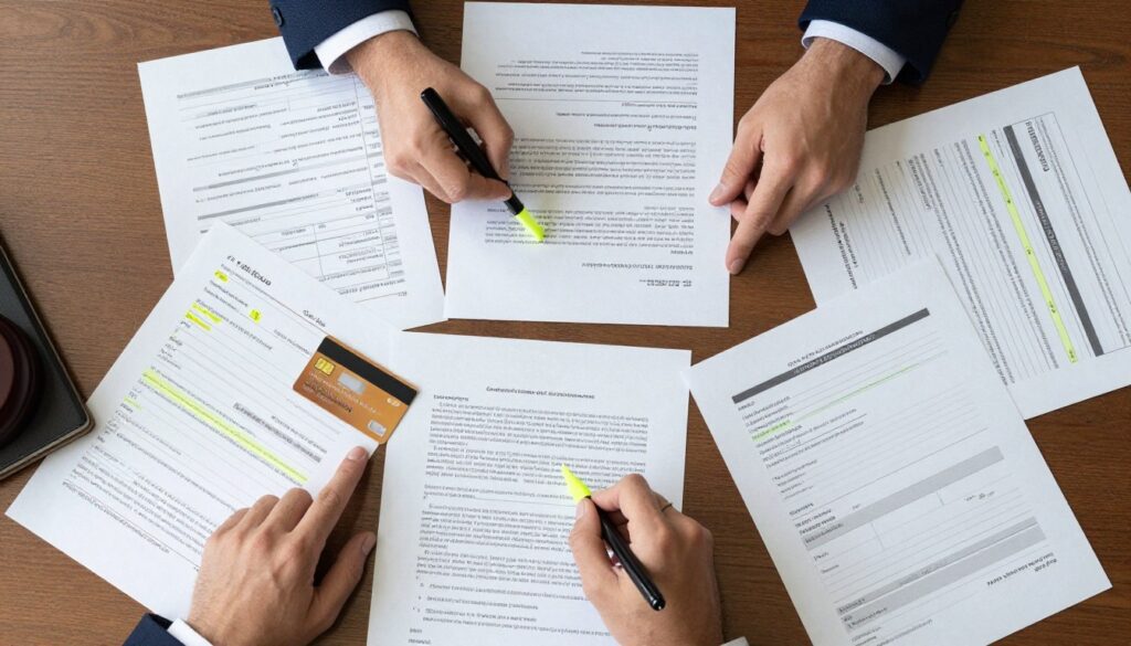 Documentos de contratos bancários, cartões de crédito e boletos sendo revisados por advogado para ação de superendividamento Documentos de contratos bancários, cartões de crédito e boletos sendo revisados por advogado para ação de superendividamento