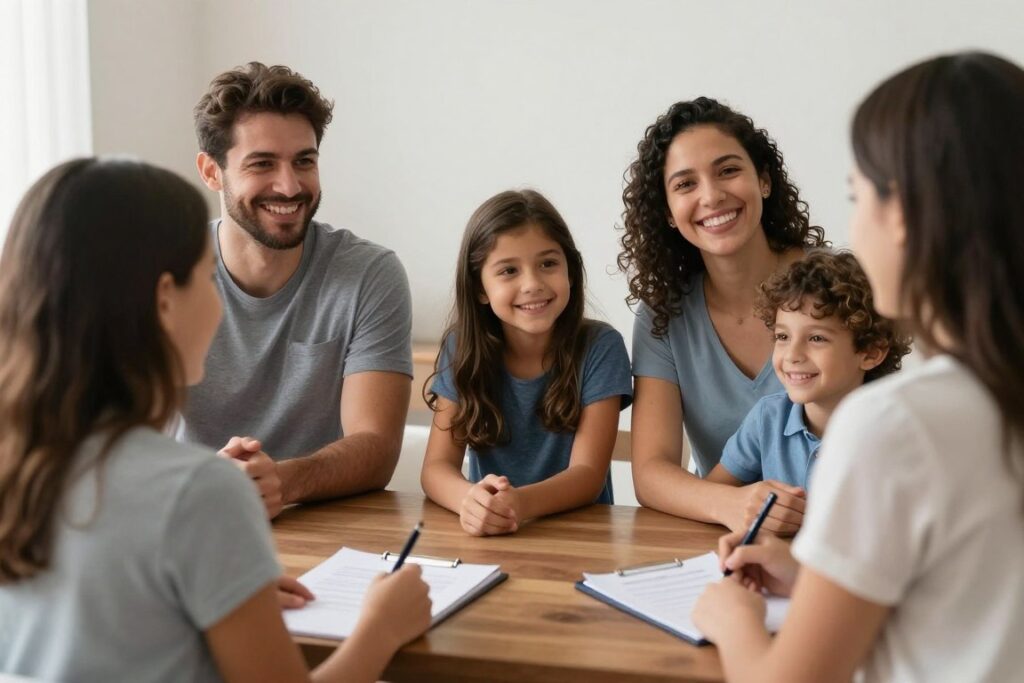 Família feliz após acordo de guarda bem sucedido