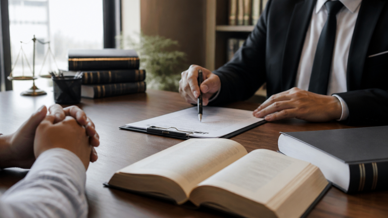 Advogado explicando contrato e regras do direito civil a uma cliente em escritório