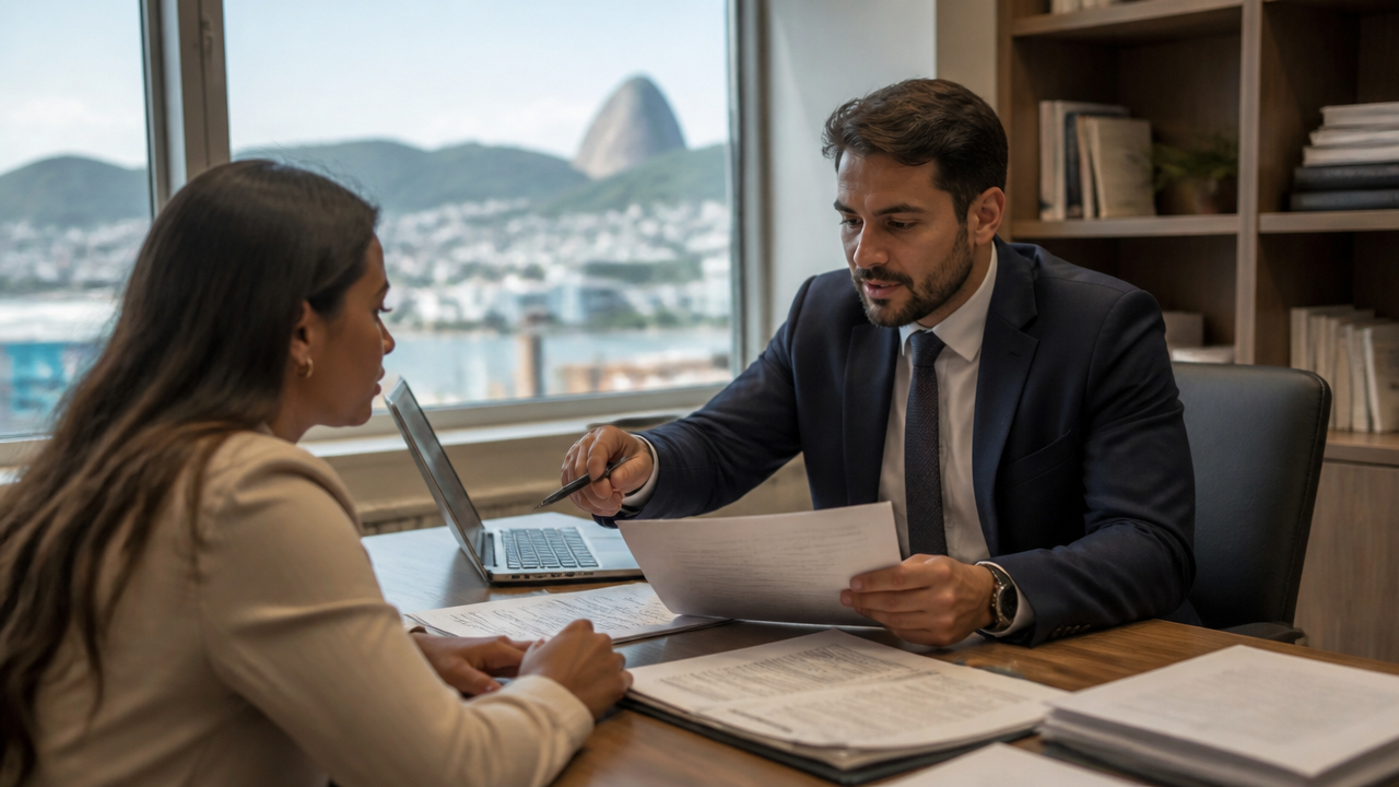 Advogado orienta cliente sobre direitos previdenciários em escritório