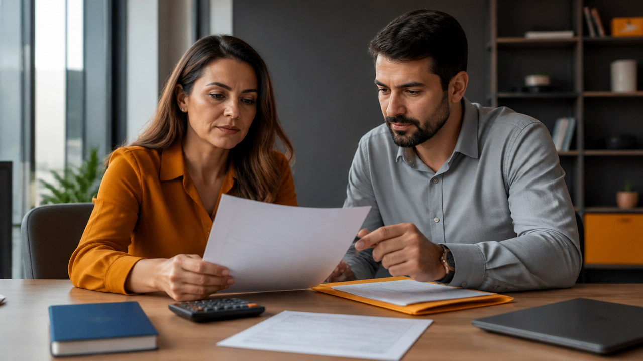 Trabalhadores analisando documentos de emprego e direitos trabalhistas em escritório